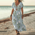 Daisy Print V-neck Short Sleeved Linen Blend Midi Dress elevenforest