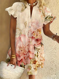 Floral Print Ruffled Short-sleeved V-neck Buttoned Dress Vacation Beach Dress