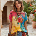 Women's Vintage Rose Oil Painting Art Linen Crew Neck T-shirt elevenforest