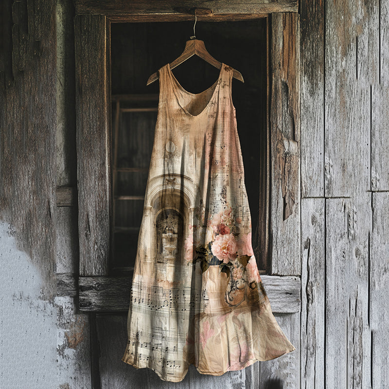 Vintage Floral Art Print Linen Blend Tank Dress elevenforest