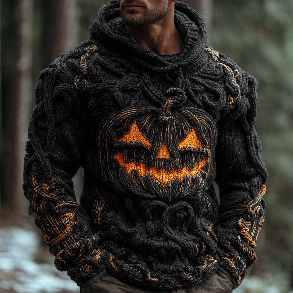 Halloween Pumpkin Emoji Men's Chunky Knit Hooded Sweater elevenforest