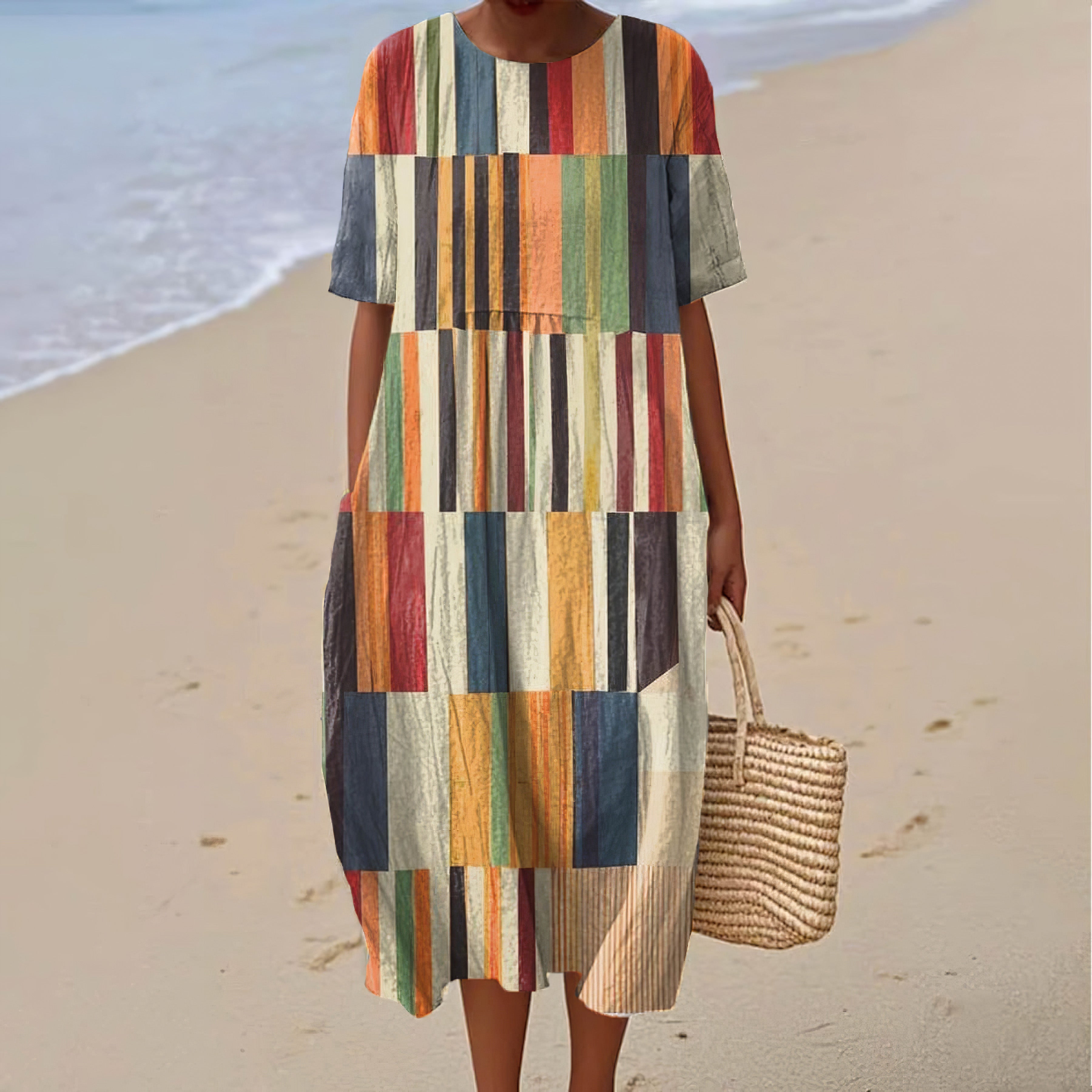 Comstylish Colorful Geometric Print Round Neck Short Sleeve Midi Dress