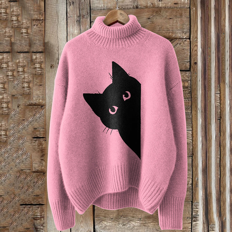 Comstylish Vintage Peek-A-Boo Hiding Black Cat Pattern Print Turtleneck Knitted Cozy Pullover Sweater