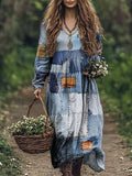 Geometric Denim Patchwork Pattern Women's Flowy Maxi Dress elevenforest