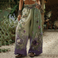 Classy Purple Lavender And Floral Embroidered Art Linen Pants elevenforest