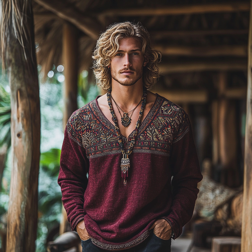 Men's Vintage Bohemian Holiday Style Linen Printed Casual Long Sleeve Tops elevenforest