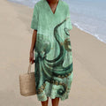 Women's Octopus Art Print Linen Blend Dress elevenforest
