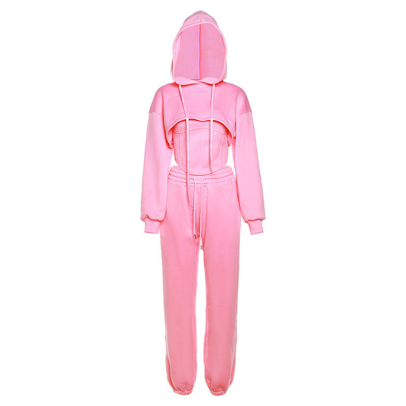 Autumn Winter Hooded Sweater Blouse Camisole Waist Pants Three Piece Set for
