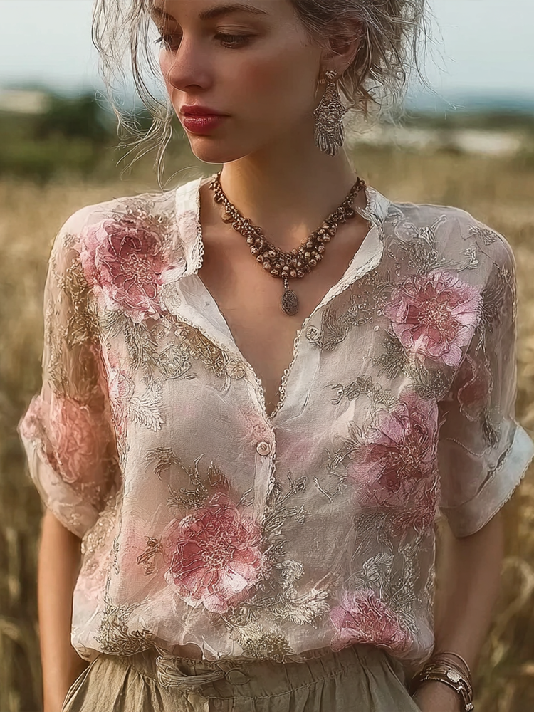Bohemian Retro Pink Floral Pattern Women's Short-sleeve Shirt elevenforest