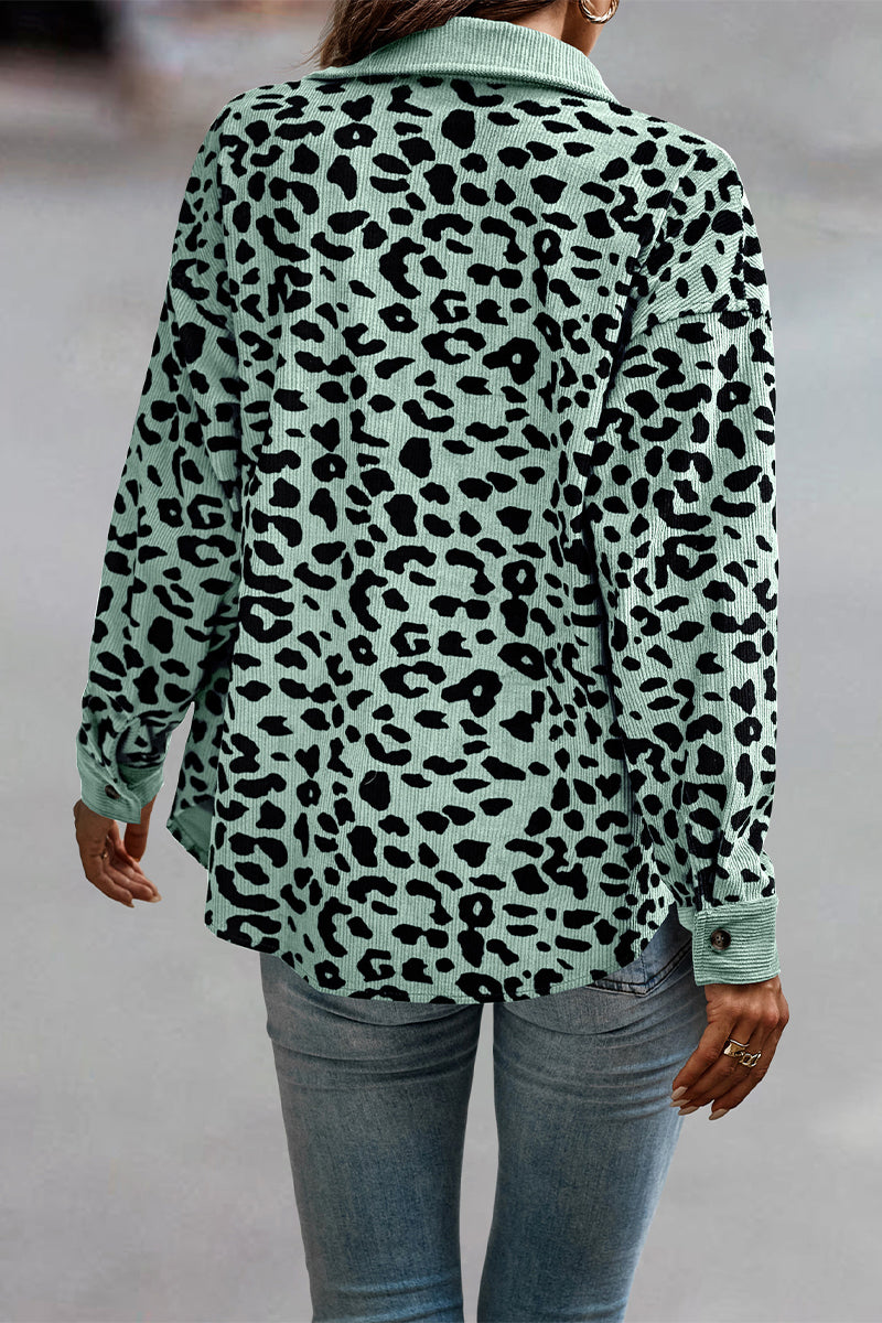 Sweet Leopard Pocket Turndown Collar Tops