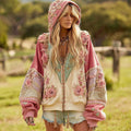 Women's Floral Embroidery Color Block Boho Casual Zip-up Hoodie elevenforest