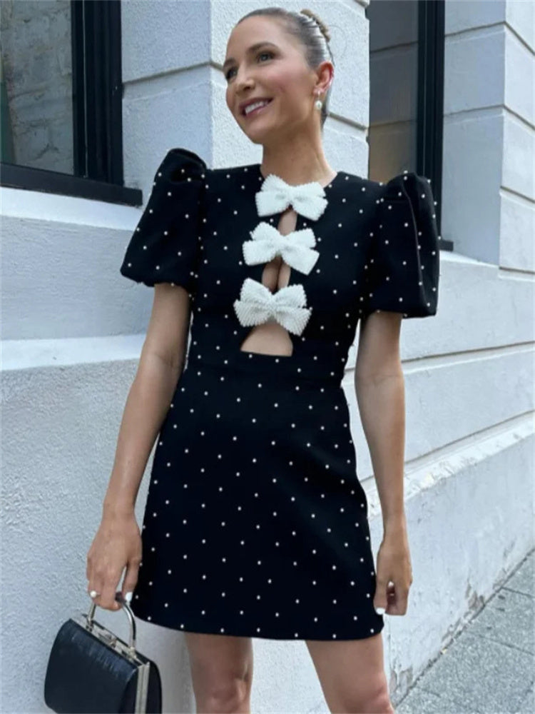 Tossy Bow Love Mini Dress Hollow Out Patchwork Short Sleeve Party Dress Female High Street Dress