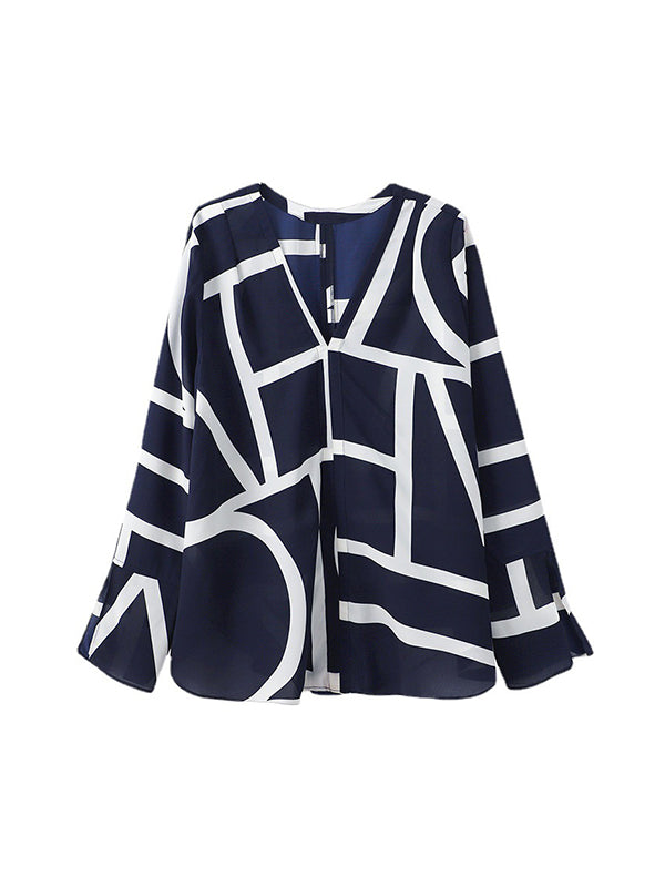 Flared Sleeves Long Sleeves Printed V-neck Blouses&shirts Tops