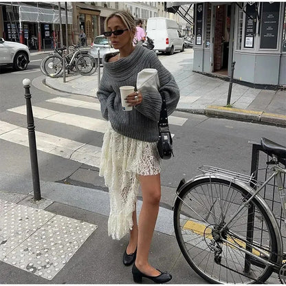 Taruxy Off Shoulders Knitted Sweater ’s Loose Long Sleeve Pullover High Street Knitwear Sweaters Femme Spring