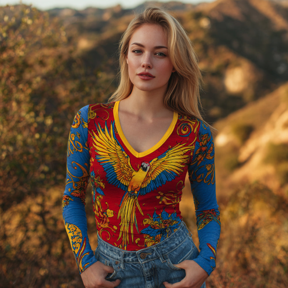 Colorful Parrot Wing Art Color V-neck Top elevenforest