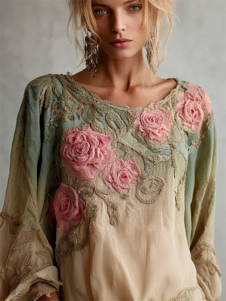 Vintage Pink Roses Glitter Embroidered Forest Gradient Linen Tunic elevenforest