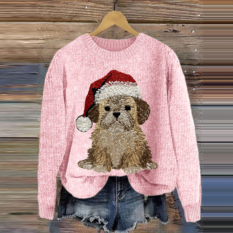 Comstylish Women's Christmas Puppy Embroidery Art Print Casual Sweater