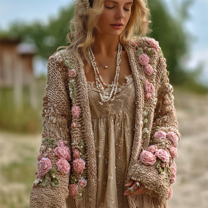 Vintage Pink Roses Crochet Chunky Cozy Cardigan elevenforest