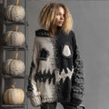 Halloween Pumpkin Face Black And White Patchwork Sweater elevenforest