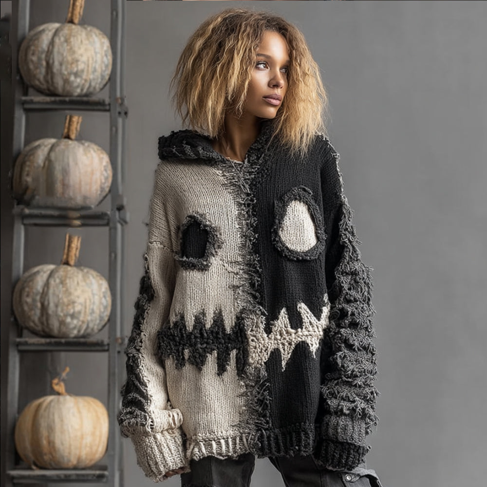 Halloween Pumpkin Face Black And White Patchwork Sweater elevenforest