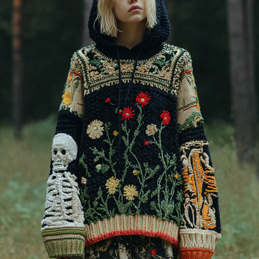 Comstylish Women's Halloween Skull Floral Pattern Cozy Knit Hooded Sweater