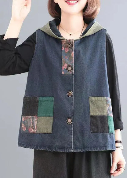Blue Print Pockets Patchwork Denim Hoodies Vest Fall