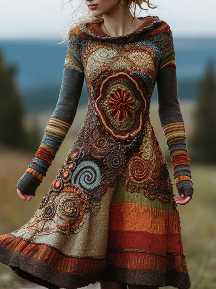 Bohemian Style Autumn And Winter Warm Women's Hooded Knitted Sweater Dress elevenforest