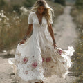 Vintage Floral Embroidery Art Women's Comfy Linen Maxi Dress elevenforest