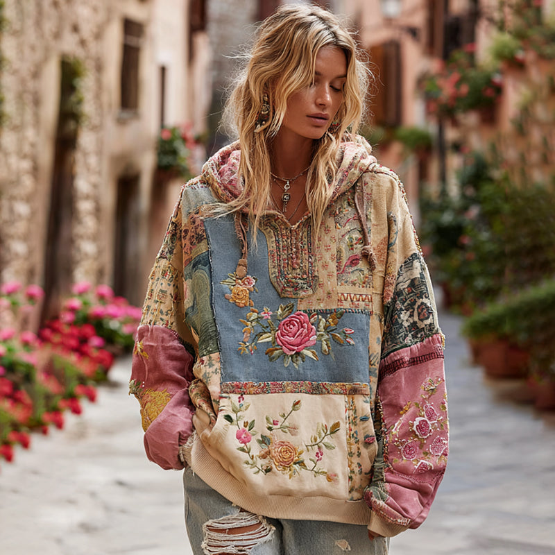 Women's Vintage Bohemian Floral And Rose Patchwork Cozy Warm Hoodie elevenforest