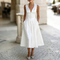 Comstylish Elegant White Satin V Neck Maxi Dress