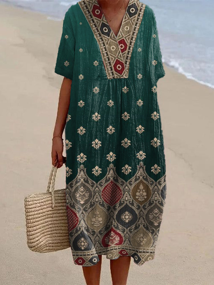 Ethnic Bohemian Floral Women's Linen Blend Dress elevenforest