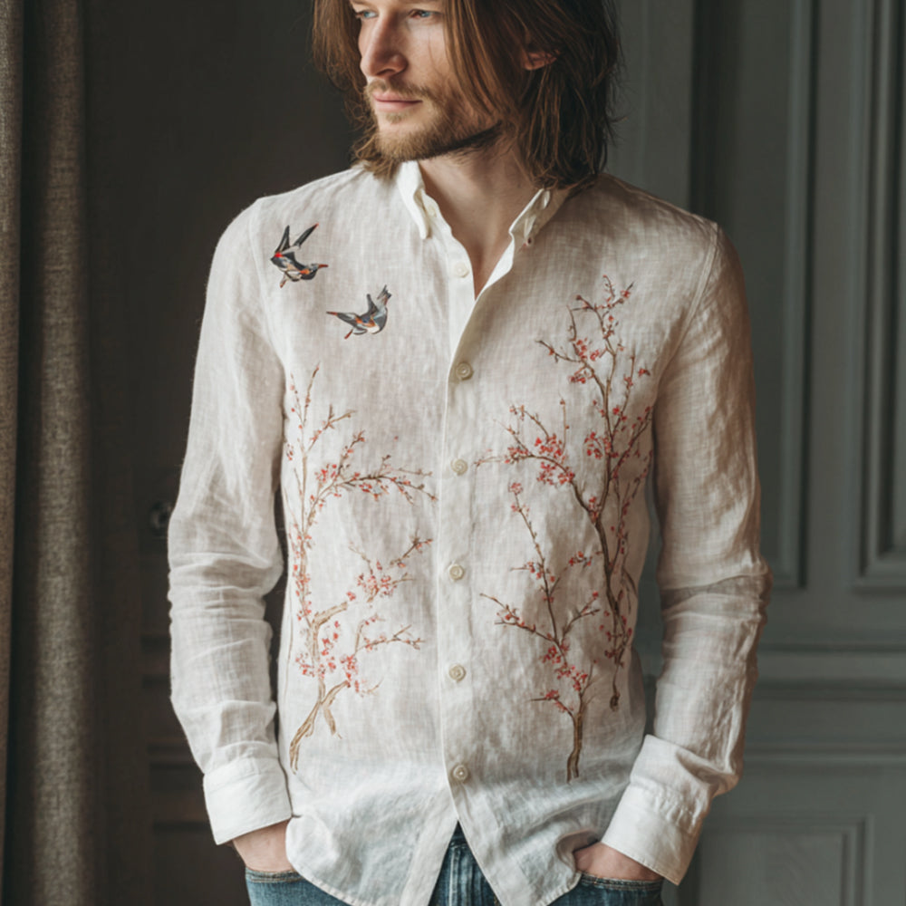Retro Japanese Cherry Blossom And Magpie Vintage Button-down Shirt elevenforest