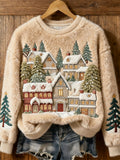 Comstylish Christmas Tree Snow Scene Embroidery Women's Cozy Plush Sweater