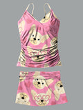 Dog V-Neck Vintage Flowers Print Suspender Skirt Tankini Pantskirt Set Swimsuit