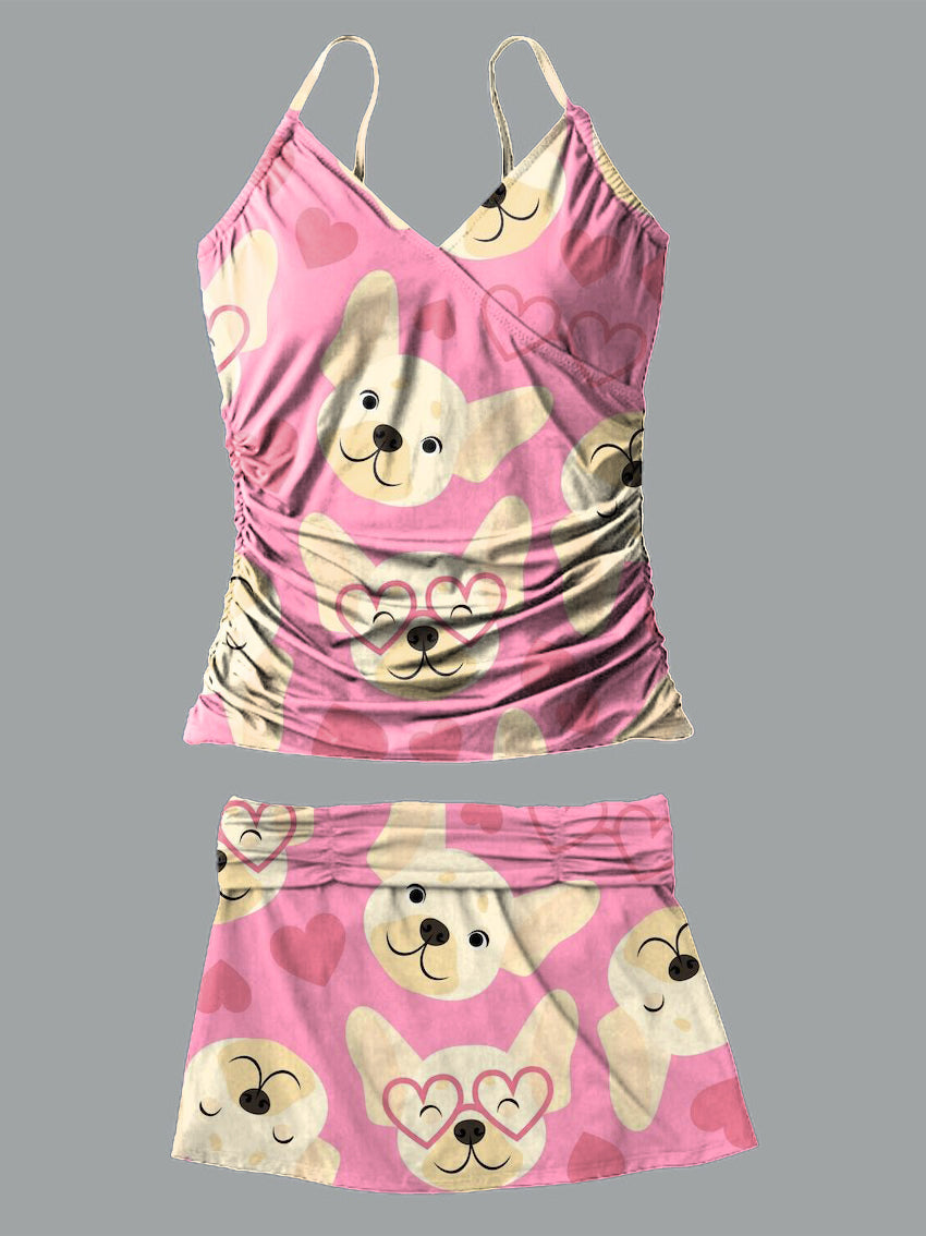 Dog V-Neck Vintage Flowers Print Suspender Skirt Tankini Pantskirt Set Swimsuit