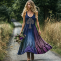 Vintage Viking Tribal Celtic Knot Tree Of Life Gradient Art Linen Tank Dress elevenforest