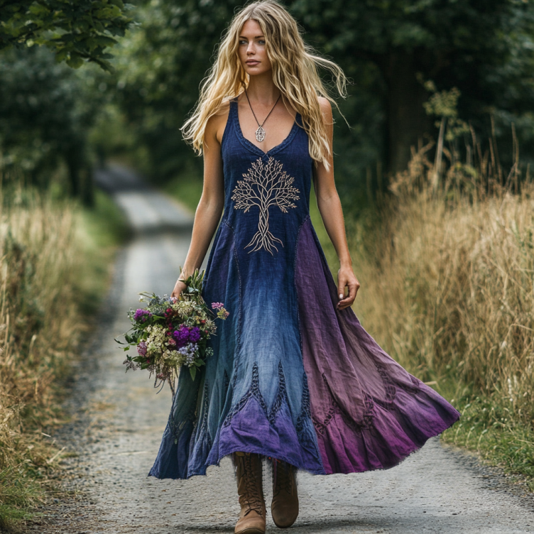 Vintage Viking Tribal Celtic Knot Tree Of Life Gradient Art Linen Tank Dress elevenforest