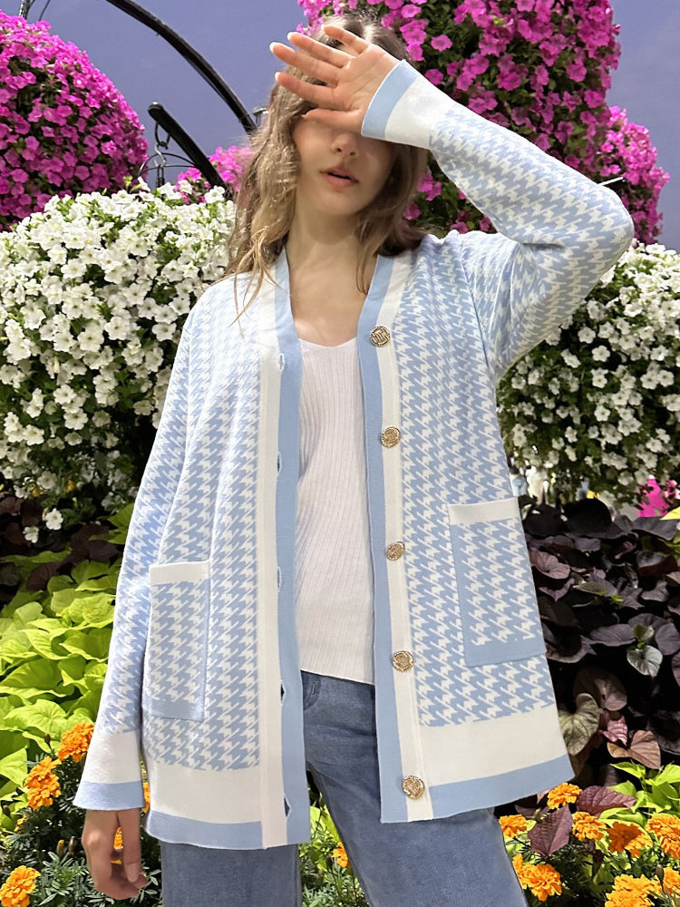 Taruxy Houndstooth Knitted Cardigan Loose Pockets Oversized Sweater Knitwear Cardigans Femme