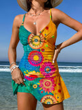 V-Neck Vintage Flowers Print Suspender Skirt Tankini Pantskirt Set Swimsuit