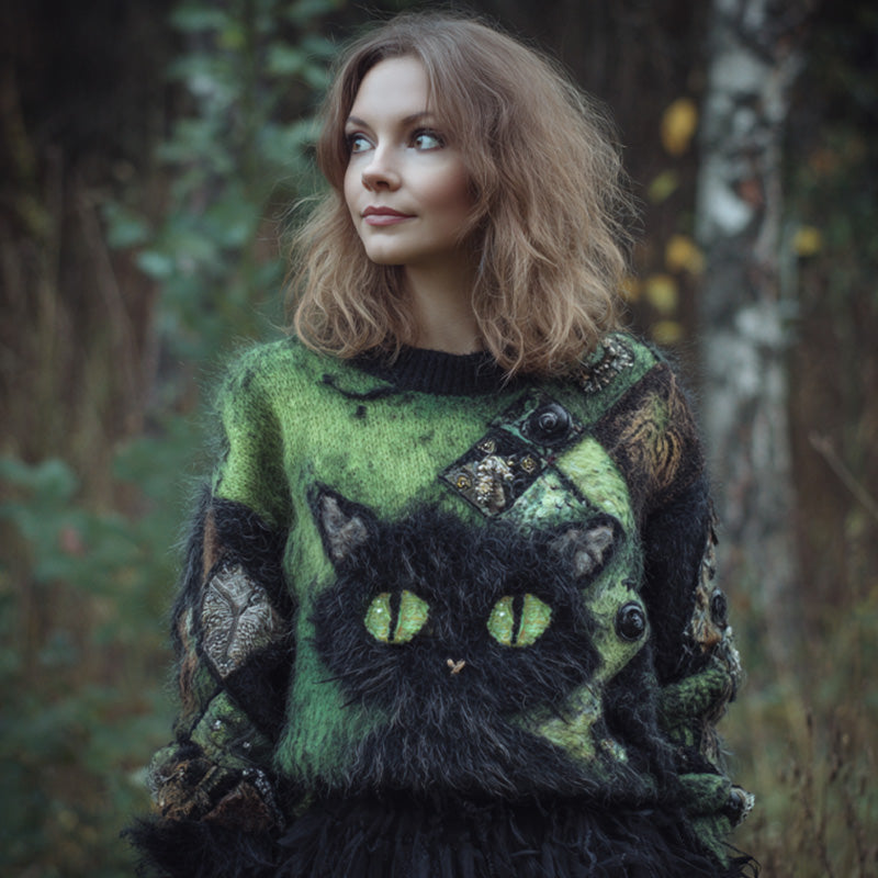 Comstylish Women's Casual Vintage Halloween Black Cat Embroidered Sweater