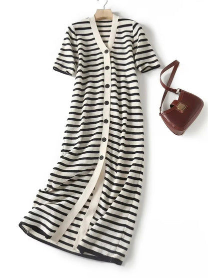 Tossy Knit Striped V-neck Long Dress ’s Short Sleeve Cardigan Party Maxi Dress