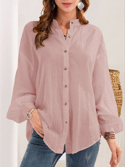 Long Sleeves Loose Buttoned Mock Neck Blouses&shirts Tops