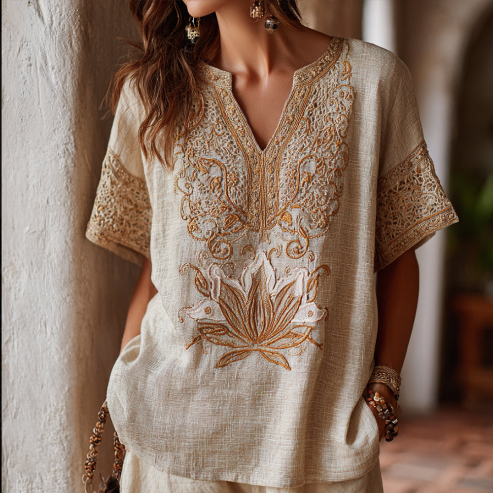 Bohemian-style Embroidered Lotus Flower Loose Retro Short-sleeved V-neck Top elevenforest