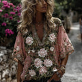 Women's Classic Romantic Pink Rose Embroidery Art Comfy Linen Shirts elevenforest