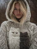 Cute Fuzzy Cats Embroidered Cozy Hooded Sweater