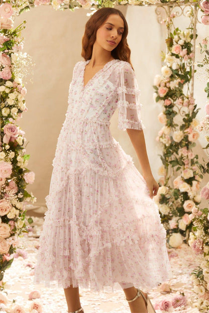 Frill Mid Sleeve V-neck Midi Dress