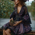 Vintage Witch Purple Floral Glitter Embroidered Flowy Linen Dress elevenforest