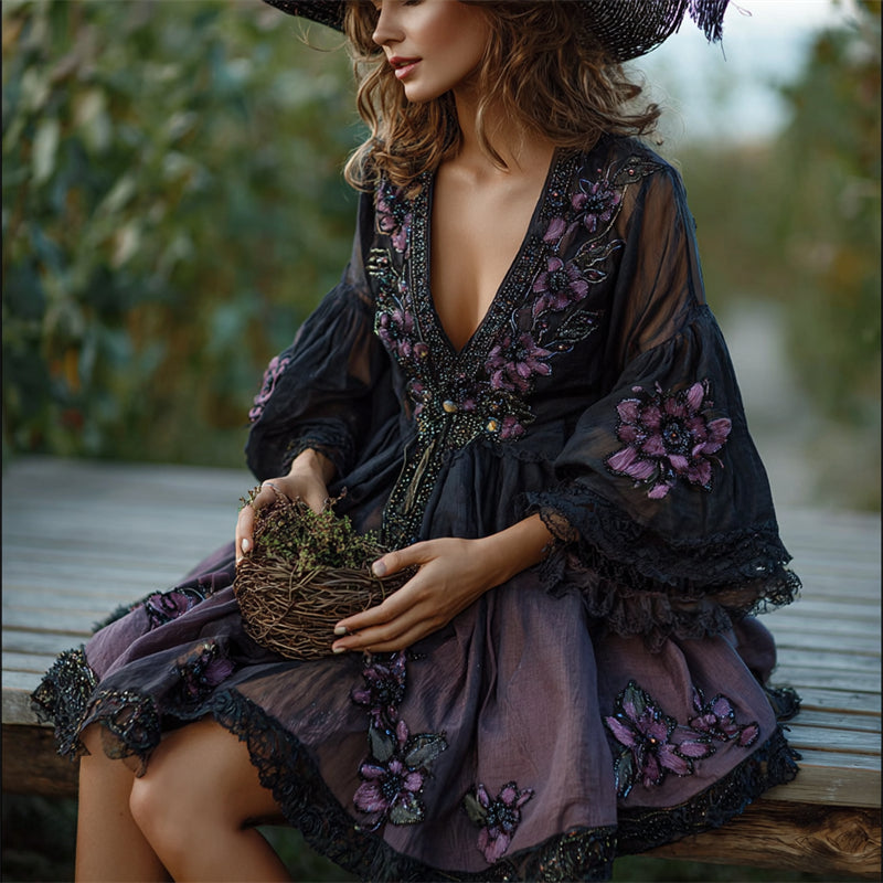 Vintage Witch Purple Floral Glitter Embroidered Flowy Linen Dress elevenforest
