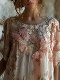 Boho Pink Butterflies Glitter Embroidered Flowy Linen Tunic elevenforest