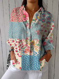 Women's Vintage Botanical Floral Patchwork Art Print Design Lapel Shirt elevenforest
